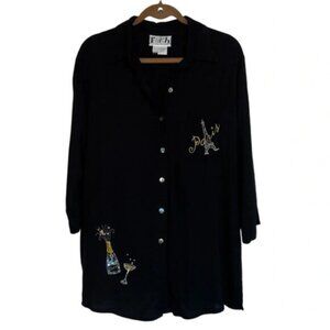 Faith Shirt Womens Large Black Collar Button Up Embellishments Paris Boho Unique